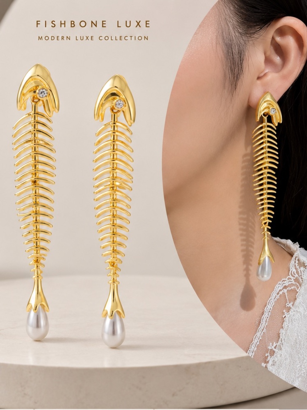 Artisan Gold  Fishbone Pearl Drop Earrings | Coastal Luxe Mermaid Core Jewelry